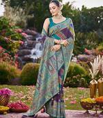 Women purple & blue banarasi jacquard woven silk blend wedding saree