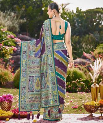 Women purple & blue banarasi jacquard woven silk blend wedding saree 2