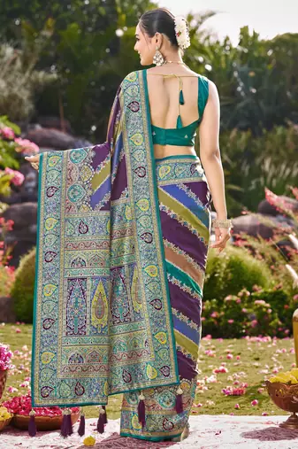 Women purple & blue banarasi jacquard woven silk blend wedding saree