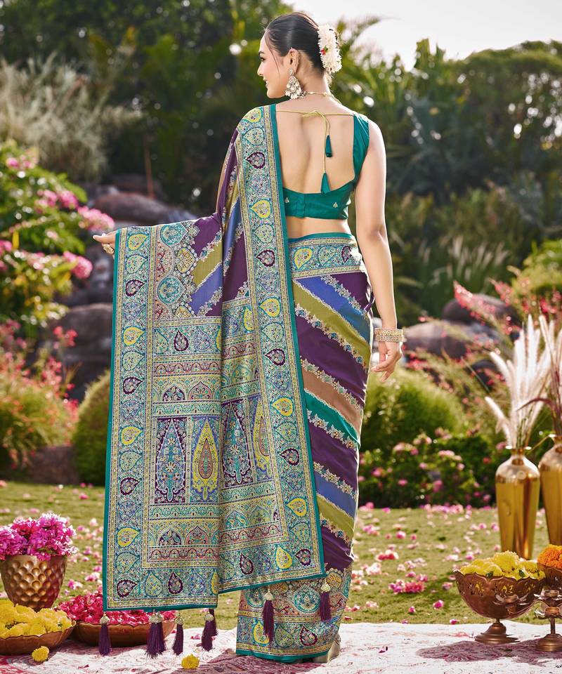 Women purple & blue banarasi jacquard woven silk blend wedding saree