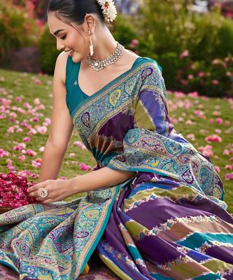 Women purple & blue banarasi jacquard woven silk blend wedding saree 3