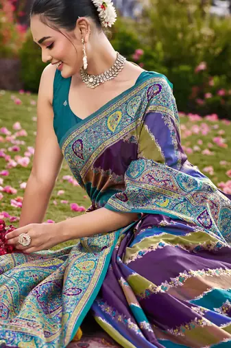 Women purple & blue banarasi jacquard woven silk blend wedding saree