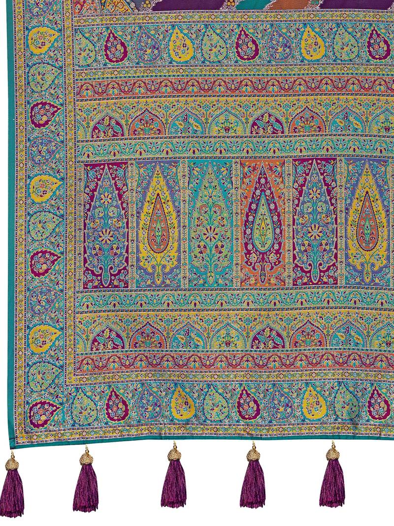 Women purple & blue banarasi jacquard woven silk blend wedding saree