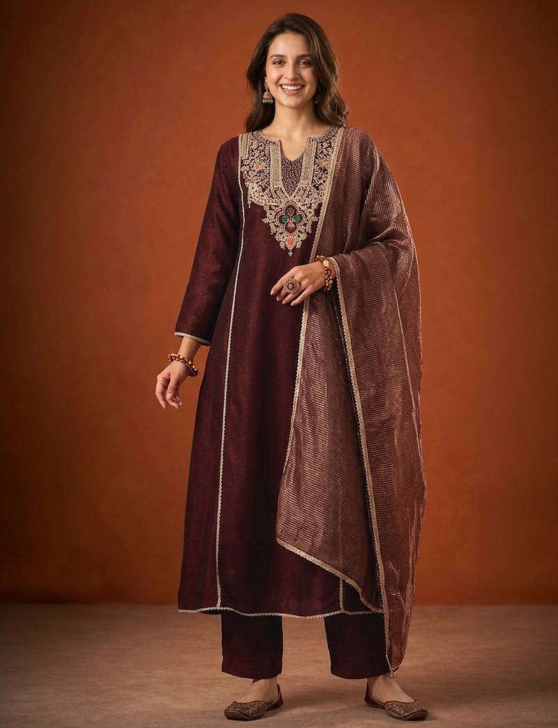 Embroidery Viscose Silk Fabric A-line Kurta Pant and Dupatta Set