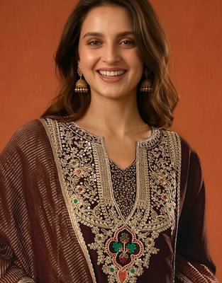 Embroidery Viscose Silk Fabric A-line Kurta Pant and Dupatta Set 2
