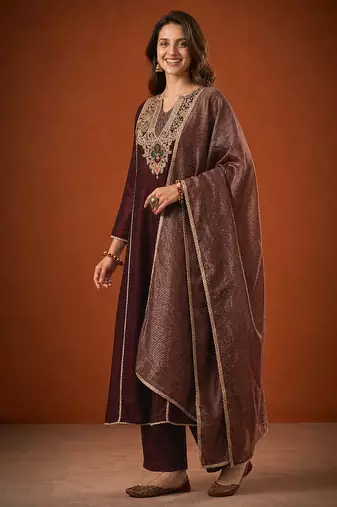 Embroidery Viscose Silk Fabric A-line Kurta Pant and Dupatta Set