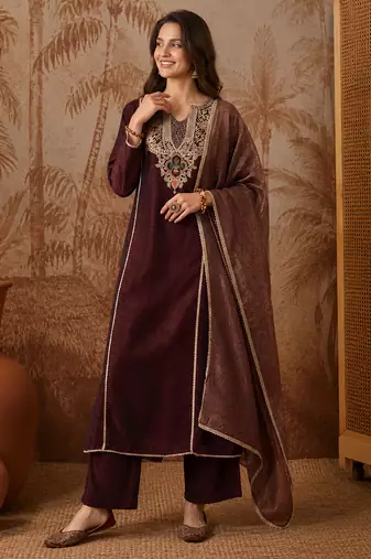 Embroidery Viscose Silk Fabric A-line Kurta Pant and Dupatta Set