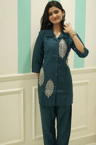 Women's Teal Blue Co-ord Set - Cotton Kurti with Matching Trousers