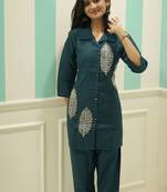 Women's Teal Blue Co-ord Set - Cotton Kurti with Matching Trousers
