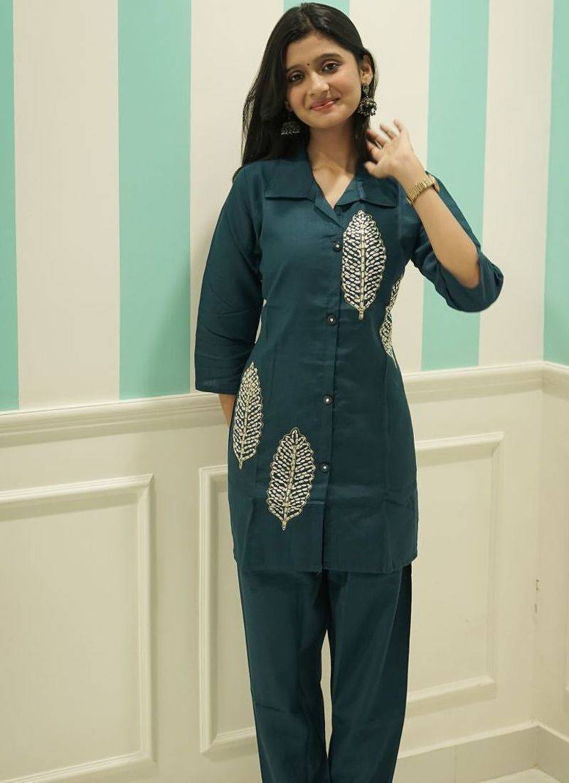 Women's Teal Blue Co-ord Set - Cotton Kurti with Matching Trousers