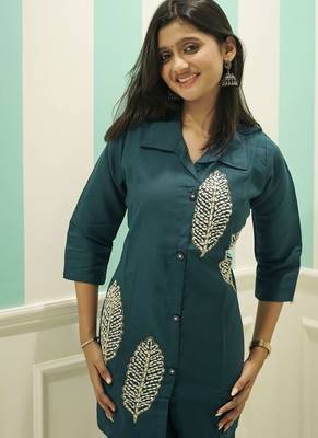 Women's Teal Blue Co-ord Set - Cotton Kurti with Matching Trousers 2