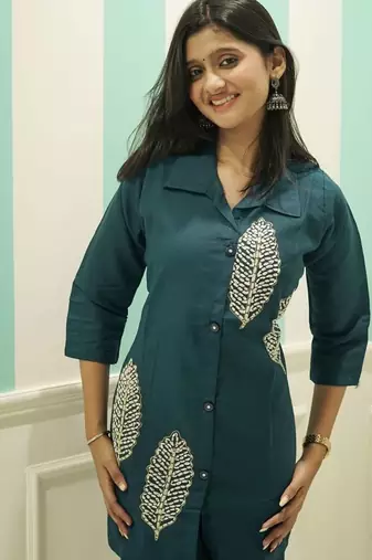Women's Teal Blue Co-ord Set - Cotton Kurti with Matching Trousers