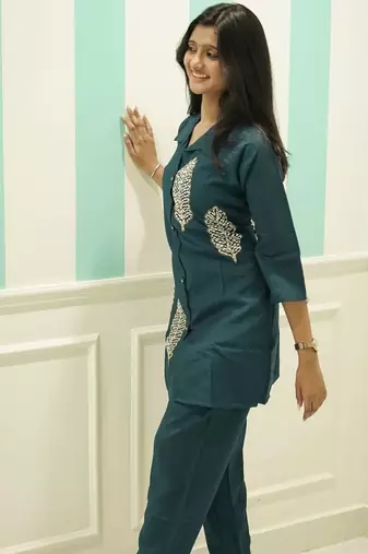 Women's Teal Blue Co-ord Set - Cotton Kurti with Matching Trousers