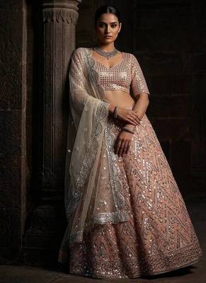 Peach color Sequins Embroidery Work net Lehenga Choli set 1