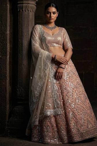 Peach color Sequins Embroidery Work net Lehenga Choli set