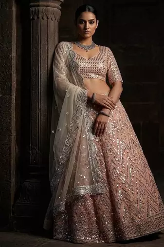 Peach color Sequins Embroidery Work net Lehenga Choli set