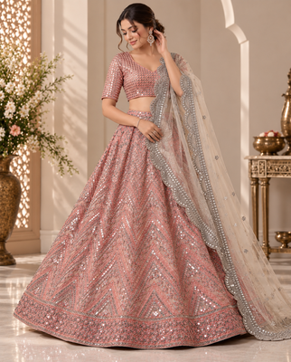 Peach color Sequins Embroidery Work net Lehenga Choli set 1