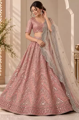 Peach color Sequins Embroidery Work net Lehenga Choli set