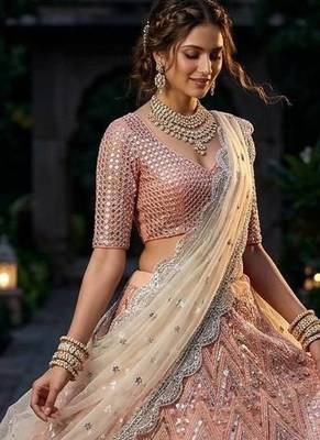 Peach color Sequins Embroidery Work net Lehenga Choli set 2