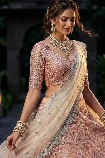 Peach color Sequins Embroidery Work net Lehenga Choli set