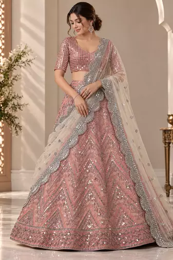 Peach color Sequins Embroidery Work net Lehenga Choli set