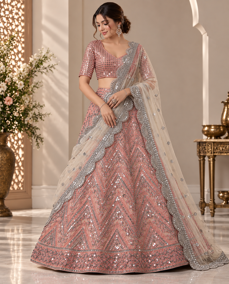 Peach color Sequins Embroidery Work net Lehenga Choli set