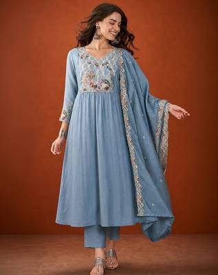 Embroidery Silk Fabric Flared Kurta Pant and Dupatta Set 1