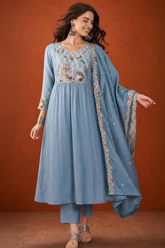 Embroidery Silk Fabric Flared Kurta Pant and Dupatta Set
