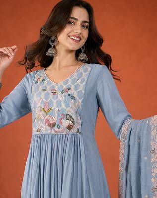 Embroidery Silk Fabric Flared Kurta Pant and Dupatta Set 2