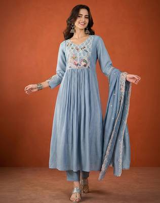 Embroidery Silk Fabric Flared Kurta Pant and Dupatta Set 3