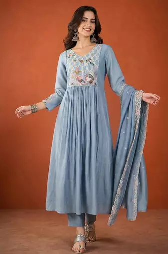 Embroidery Silk Fabric Flared Kurta Pant and Dupatta Set