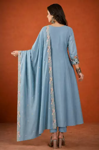 Embroidery Silk Fabric Flared Kurta Pant and Dupatta Set