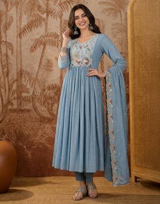 Embroidery Silk Fabric Flared Kurta Pant and Dupatta Set 5