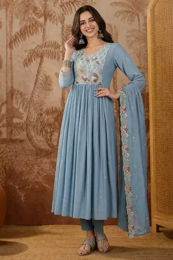 Embroidery Silk Fabric Flared Kurta Pant and Dupatta Set
