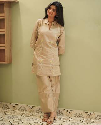 Beige Cotton Silk Embroidered Kurti with Matching Wide-Leg Pants Set 1
