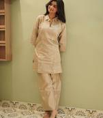 Beige Cotton Silk Embroidered Kurti with Matching Wide-Leg Pants Set