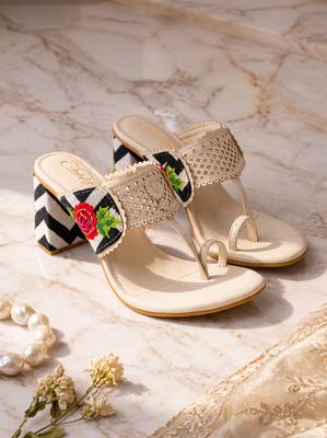 cream floral embroidered block heels 1