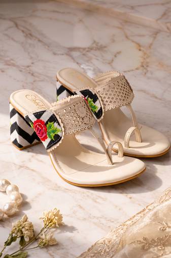 cream floral embroidered block heels