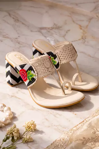 cream floral embroidered block heels