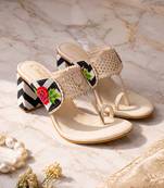 cream floral embroidered block heels