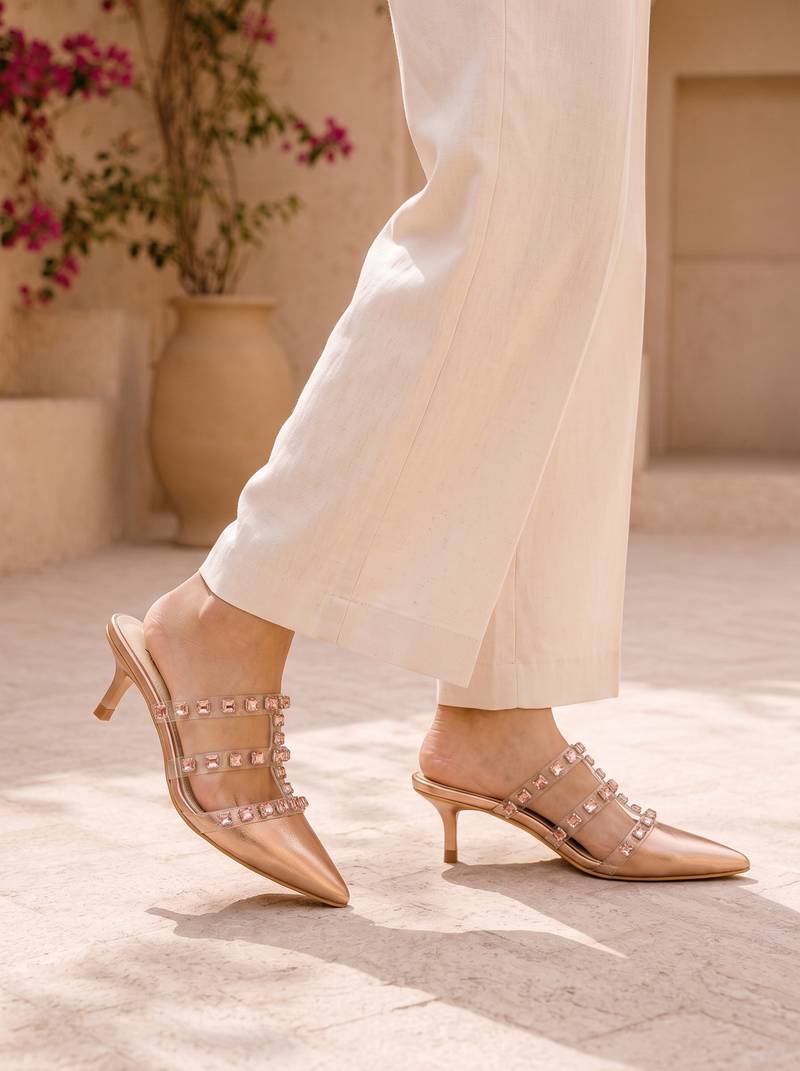 rose gold rock stud embellished heels