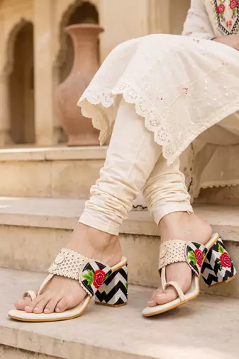 cream floral embroidered block heels