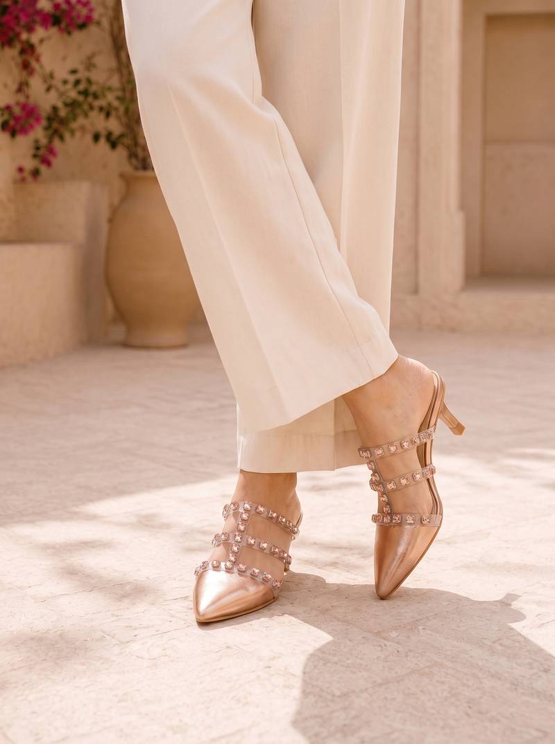 rose gold rock stud embellished heels