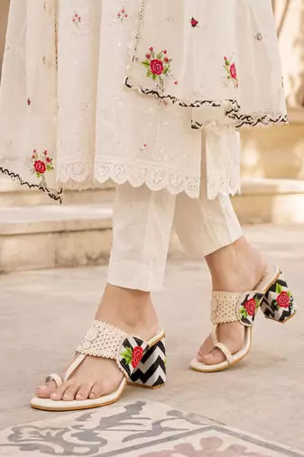 cream floral embroidered block heels