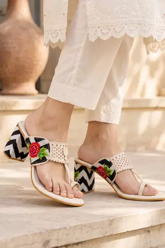 cream floral embroidered block heels