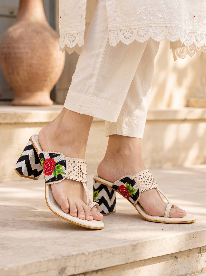 cream floral embroidered block heels