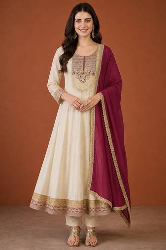 Women's Beautiful Embroidery Work Vichitra Silk Fabric Flared Anarkali Pant and Dupatta Set