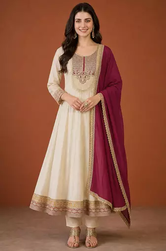 Women's Beautiful Embroidery Work Vichitra Silk Fabric Flared Anarkali Pant and Dupatta Set