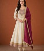 Women's Beautiful Embroidery Work Vichitra Silk Fabric Flared Anarkali Pant and Dupatta Set
