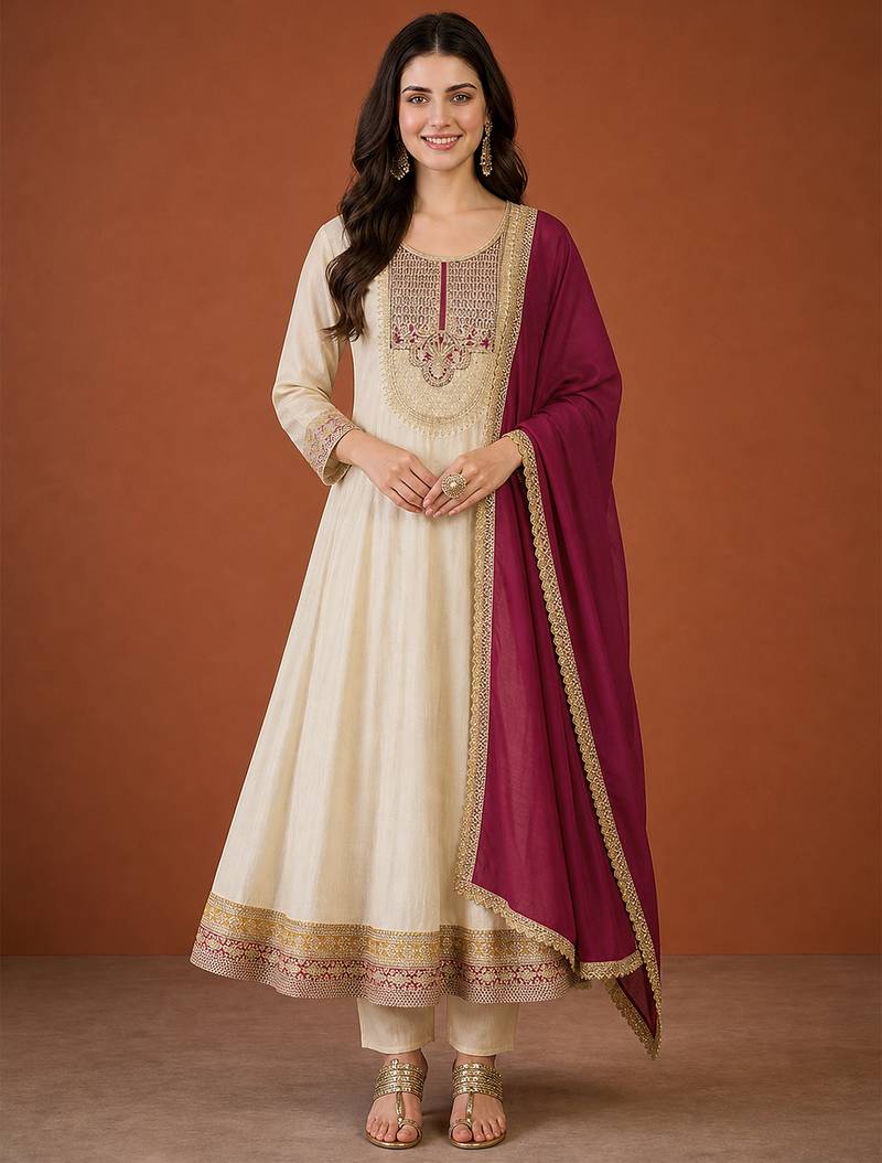 Women's Beautiful Embroidery Work Vichitra Silk Fabric Flared Anarkali Pant and Dupatta Set